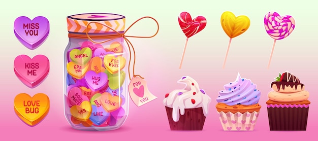 Sweet heart candies cakes and lollipops