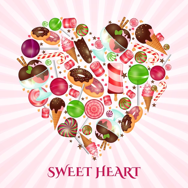 Vettore gratuito poster di cuore dolce per negozio di dolci. dessert alimentare, ciambella e caramelle, torta di pasticceria,