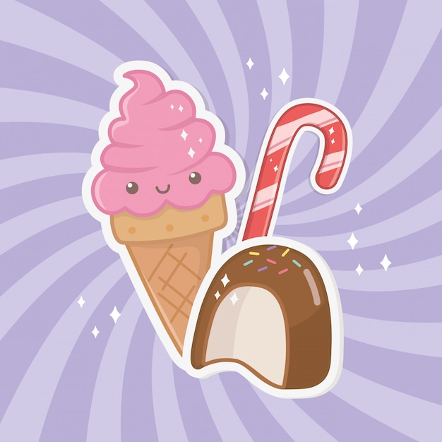 Sweet ice cream and candies kawaii characters