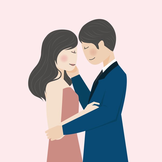 かわいい結婚式のカップルが手を握って 正式な結婚式の服装を抱きしめる フラワーブーケとロマンチックなかわいいカップルイラストキャラクター プレミアムベクター