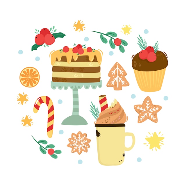 달콤한 세트. 크리스마스 케이크, 따뜻한 코코아, 맛있는 커피, 진저 쿠키