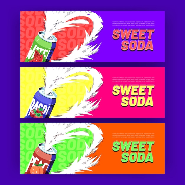 Sweet soda banners drink splashing out of tin cans