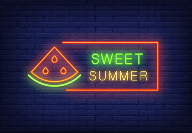 Sweet summer neon text in frame with watermelon slice. Seasonal offer or sale advertisement