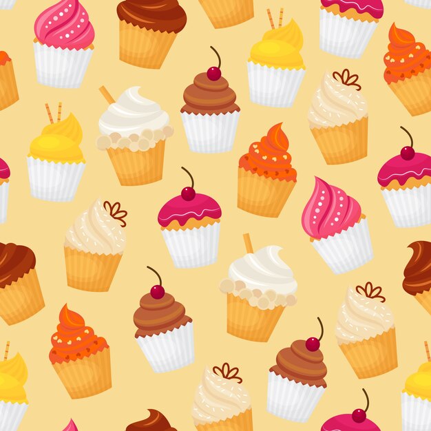 甘くて美味しい食品デザートカップケーキシームレスなパターンのベクトル図