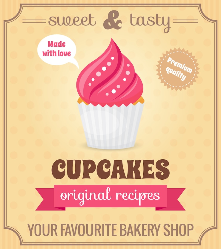 Free Vector sweet and tasty food dessert original recipe cupcake retro poster vector illustration