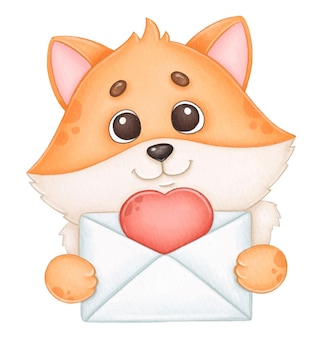 Sweet watercolor fox with heart and envelope illustration for valentines day