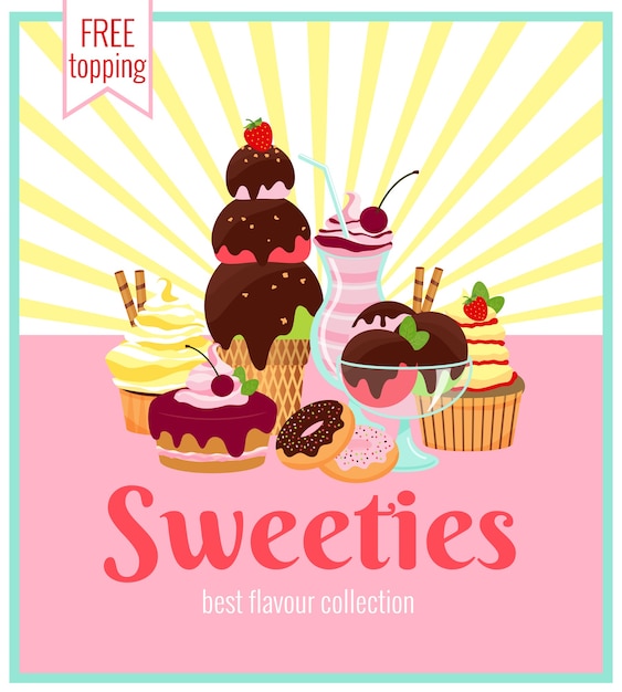 Vettore gratuito sweeties poster design retrò con una gamma colorata di torte gelato, biscotti, ciambelle e cupcakes con raggi gialli e testo - sweeties - condimenti gratuiti