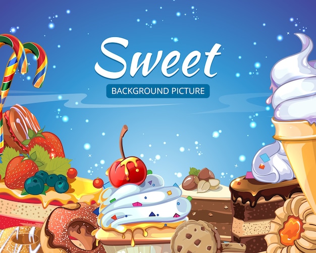 Free vector sweets  abstract background candy, cakes, donuts and lollipops. dessert chocolate and ice cream, tasty cupcake, vector illustration