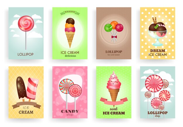 お菓子、ロリポップ、アイスクリーム。パンフレットテンプレートセット。デザートとキャンディー、クリームとチョコレート、おいしいデザイン