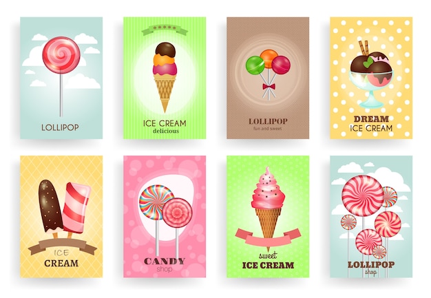 Sweets, lollipops and ice creams. Brochures  templates set. Dessert and candy, cream and chocolate, design delicious tasty 