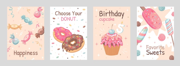 Sweets posters set. candies, donuts, ice cream, cupcake  illustrations