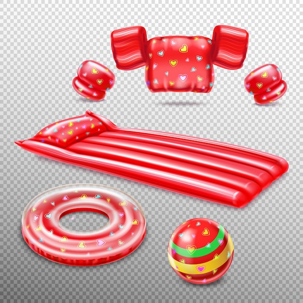 Free vector swimming accessories red set of inflatable objects illustration