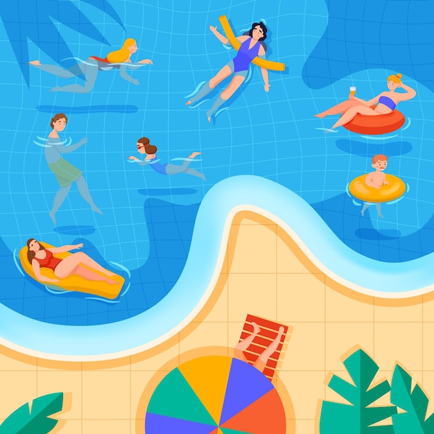 Free vector swimming colored concept women and children swimming and relaxing in the pool vector illustration