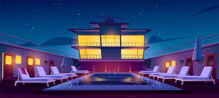 Free Vector swimming pool on cruise liner at night, empty ship deck with sun loungers, umbrellas and illumination. luxury sailboat in sea or ocean. passenger vessel under starry sky, cartoon vector illustration
