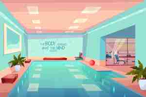 Free vector swimming pool in gym interior, empty sport fitness center with equipment