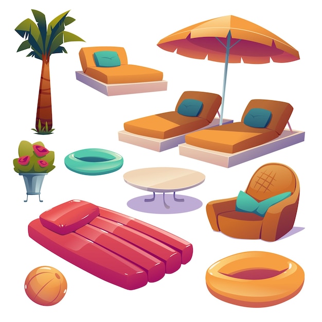 Free vector swimming pool and hotel poolside equipment set