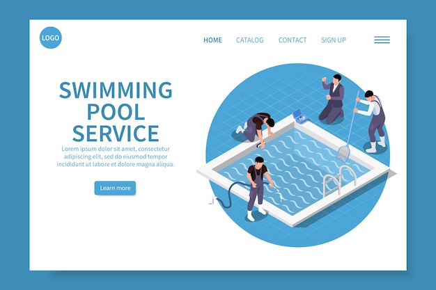 Free vector swimming pool maintenance service isometric web site landing page with round composition clickable links and text vector illustration