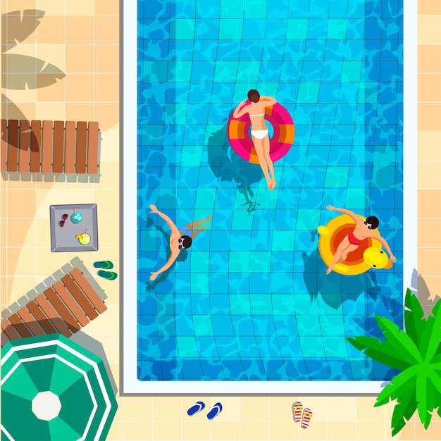 Swimming pool in top view background People swimming relax place for fun and parties sun loungers by pool air mattress and floating rings umbrellas beach objects