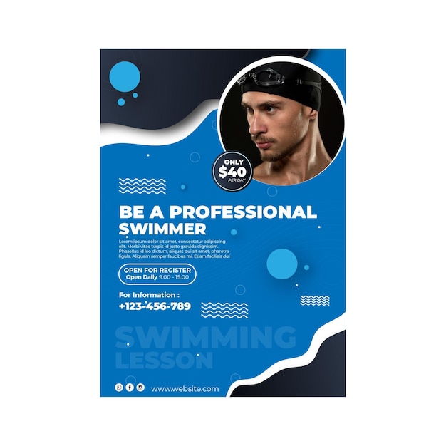 Vettore gratuito modello di poster di nuoto con foto