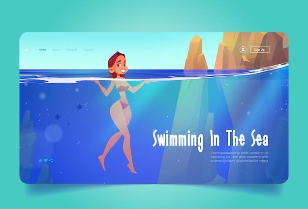 Swimming in sea banner with girl in water