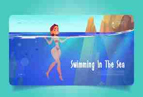 Free vector swimming in sea banner with girl in water