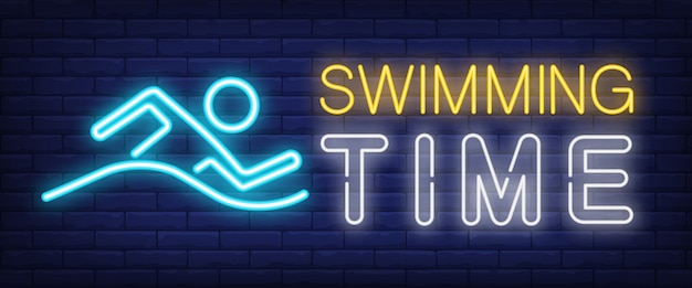 Insegna al neon di tempo di nuoto. lettering barra luminosa con nuoto uomo