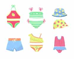 Free vector swimsuits for children vector illustrations set. collection of cartoon drawings of swimming clothes or swimwear for babies or kids isolated on white background. summer, fashion, childhood concept