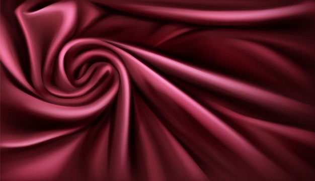 Вихревой тканевый шелковый фон, роскошный бордовый драпированный сложенный текстиль с мягкими спиральными вихревыми атласными волнами