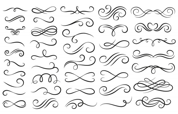 Swirl ornament stroke. ornamental curls, swirls divider and filigree ornaments vector illustration set