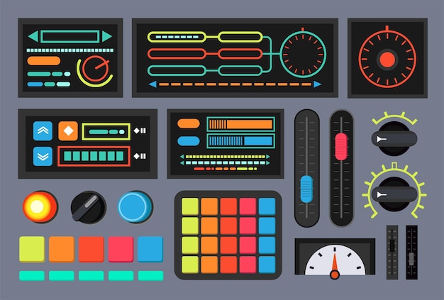 Switches and buttons on control panel vector illustrations set. Retro control console or terminal elements, dials and knobs on dashboard, system monitor or display. Technology, equipment concept