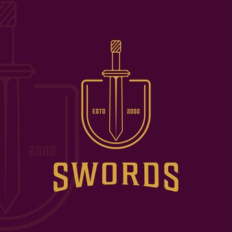 Логотип линии меча и щита простой минималистский векторный графический дизайн иконки шаблона иллюстрации