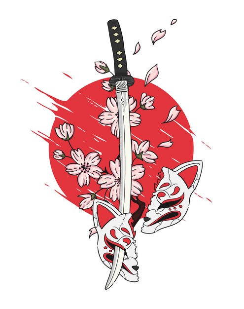 Premium Vector Sword And Sakura Illustration On Japanese Style
