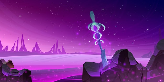 Sword in stone on alien planet surface background