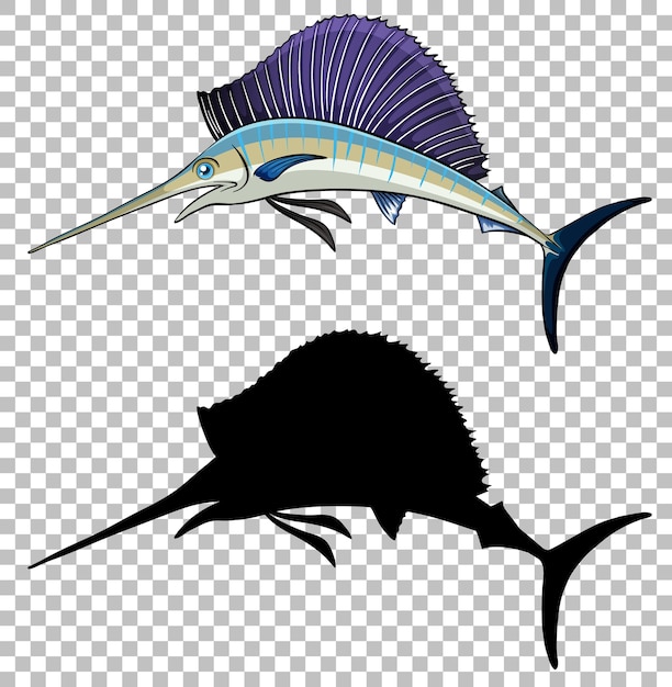 Free vector swordfish cartoon style with its silhouette
