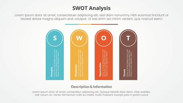 무료 벡터 swot 비즈니스 프레임워크 전략 템플릿 인포그래픽: 둥근 직사각형 모양의 슬라이드 프레젠테이션 컨셉, 평평한 스타일의 터와 함께 수직 4점 목록