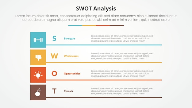 Swot framework infographic concept for slide presentation with boxed creative rectangle stack