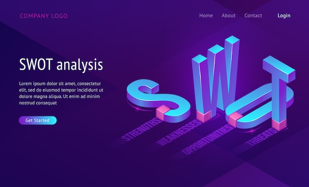 Pagina di destinazione isometrica swot con abbreviazione di parole analisi, punti di forza, debolezze, opportunità, minacce. concetto di affari, lettere 3d che stanno e che si trovano sul fondo porpora, insegna di web