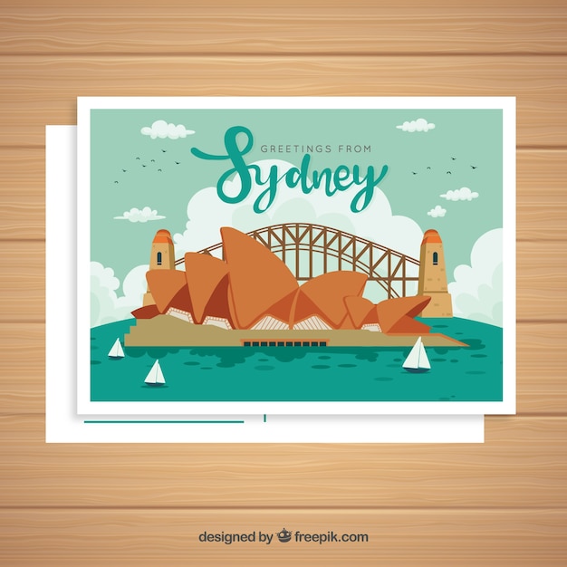 Vettore gratuito modello di cartolina di sydney con stile disegnato a mano