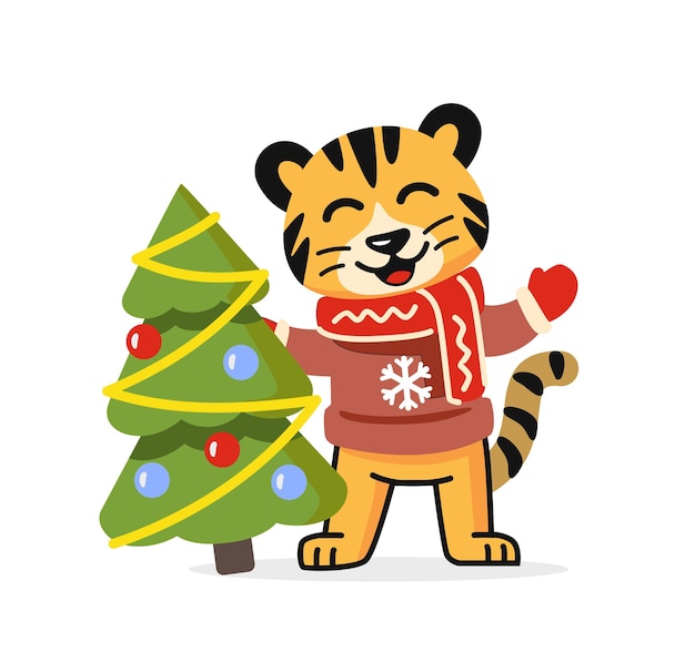 Symbol of new year card tiger with christmas tree