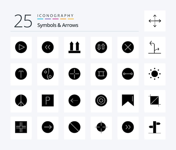 Free Vector symbols arrows 25 solid glyph icon pack including navigation close transport arrows streaming
