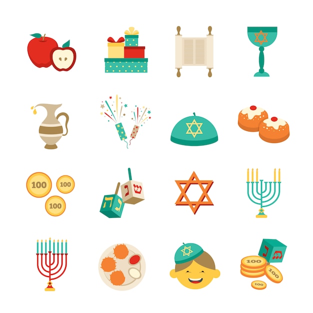 Symbols Of Hanukkah Icons Set