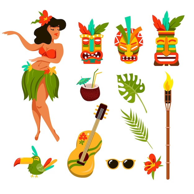 Vettore gratuito simboli del set di illustrazioni delle hawaii