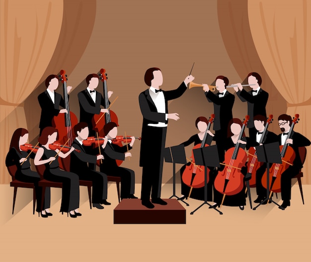 Symphonic orchestra with conductor violins cello and trumpet\
musicians