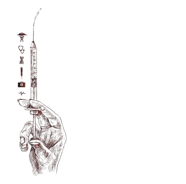 Syringe medical injection in hand with medical icons set Vector illustration