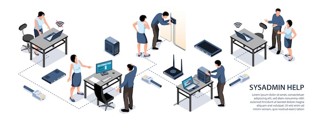 Sysadmin helping office worker fixing internet connection 3d isometric infographics illustration