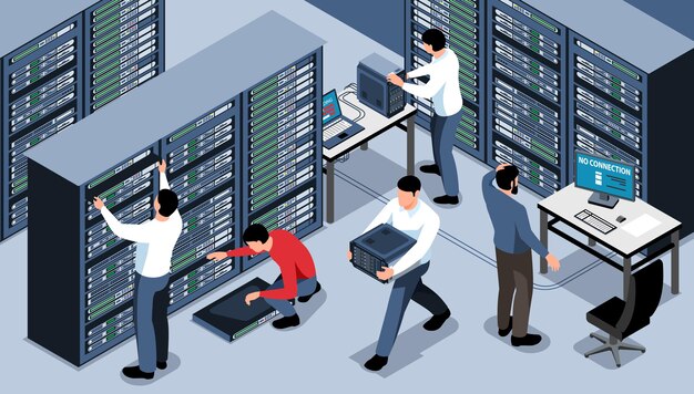 sysadmins working at data center fixing problems with internet connection horizontal isometric