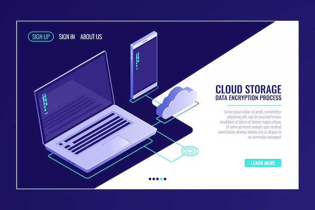 Vettore gratuito sistema di archiviazione di file cloid, laptop con smartphone, caricamento di dati su server room remoto