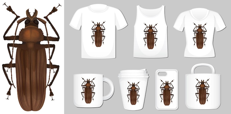 Free Vector t-shirt, cup and cover mobile design with beetle