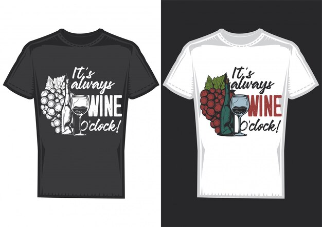 T-shirt design on 2 t-shirts with posters of a bottle of wine and a glass.