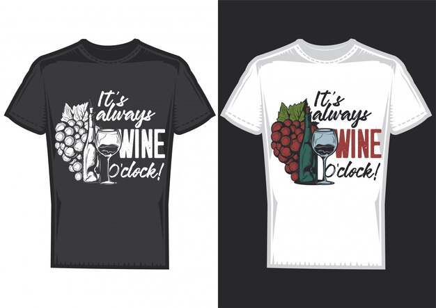 2本のTシャツにワインのボトルとグラスのポスターが付いたTシャツのデザイン。